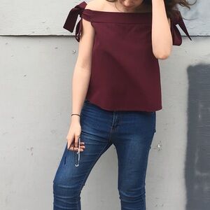 ASOS Burgundy Off-Shoulder Tie Bow Convertible Blouse Size Small Excellent